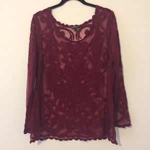 Express cranberry crochet top over sheer